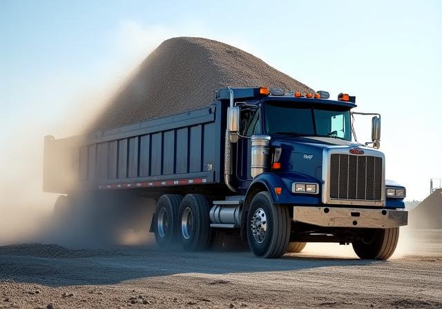 Heavy duty dump truck offloading gravel at a site
