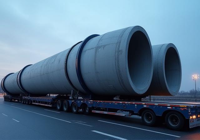 Precast concrete infrastructure components on a specialized trailer