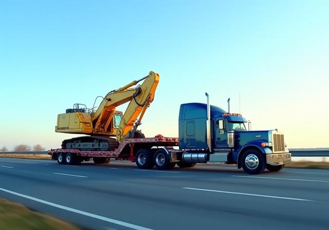 Large excavator on a low-boy trailer with sunrise background