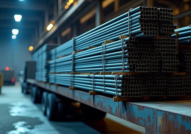 Structural steel and rebar stacked on a flatbed trailer