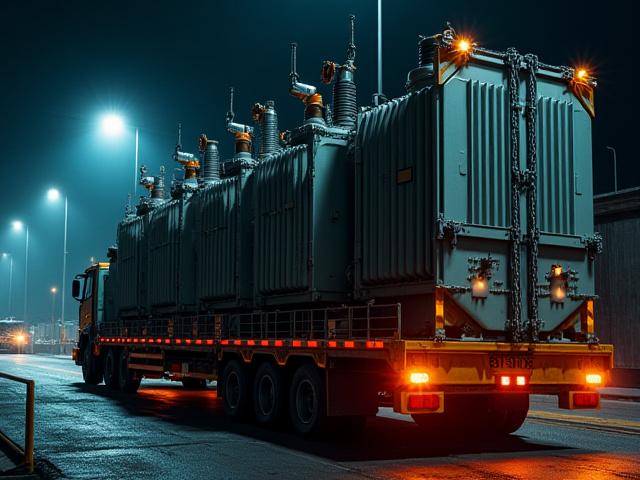 Massive electrical transformer on a multi-axle heavy haul trailer