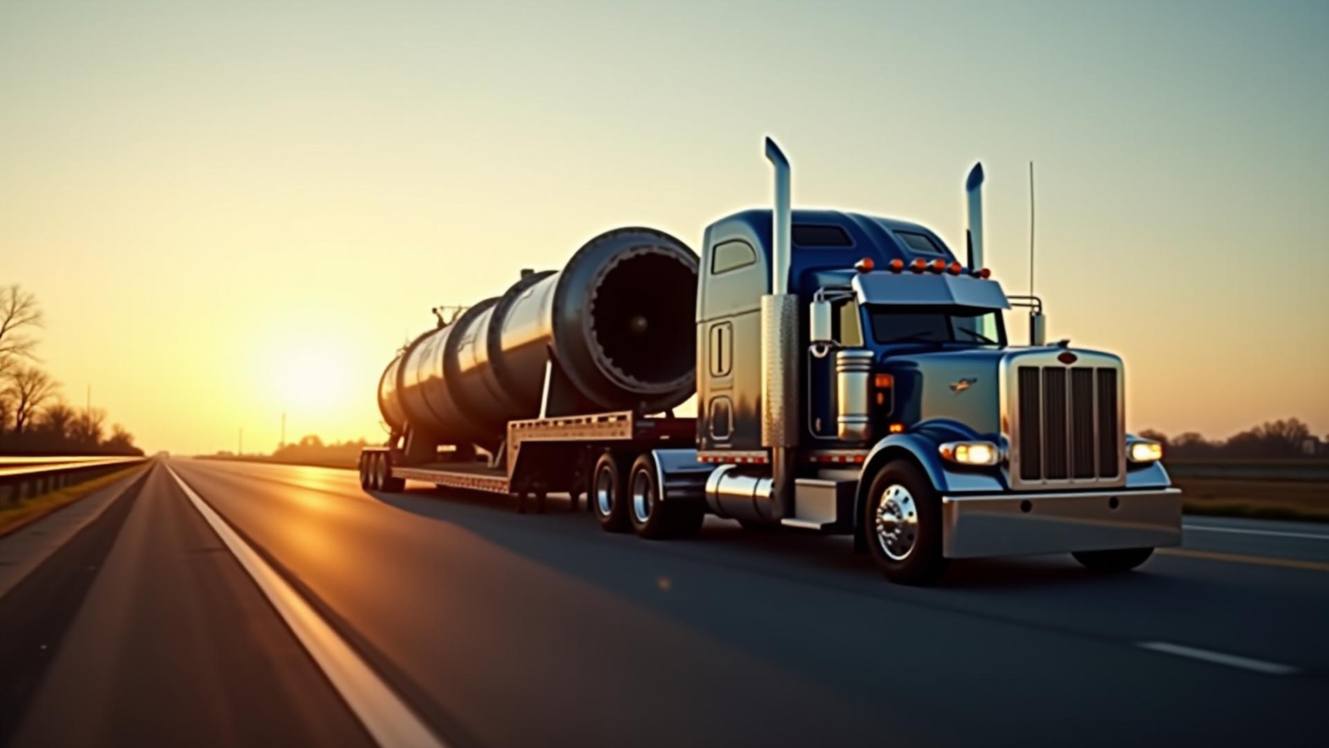 Heavy duty truck transporting a massive industrial generator at dusk