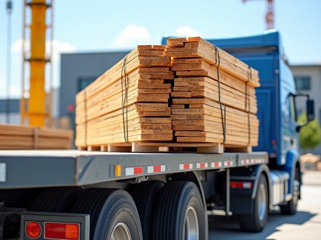Flatbed truck carrying steel beams and construction lumber