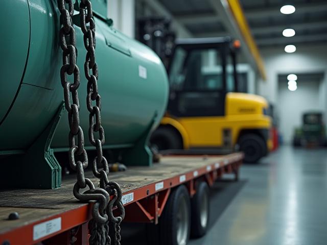 Industrial machinery secured on a flatbed trailer