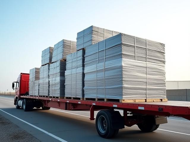 Palletized roofing materials on a flatbed