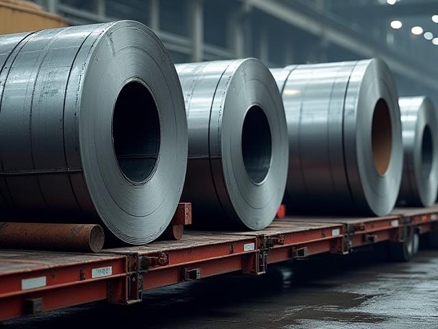 Steel coils on a specialized flatbed trailer
