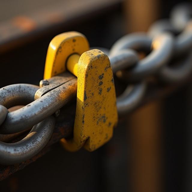Close-up of industrial heavy-duty chain and binder securement