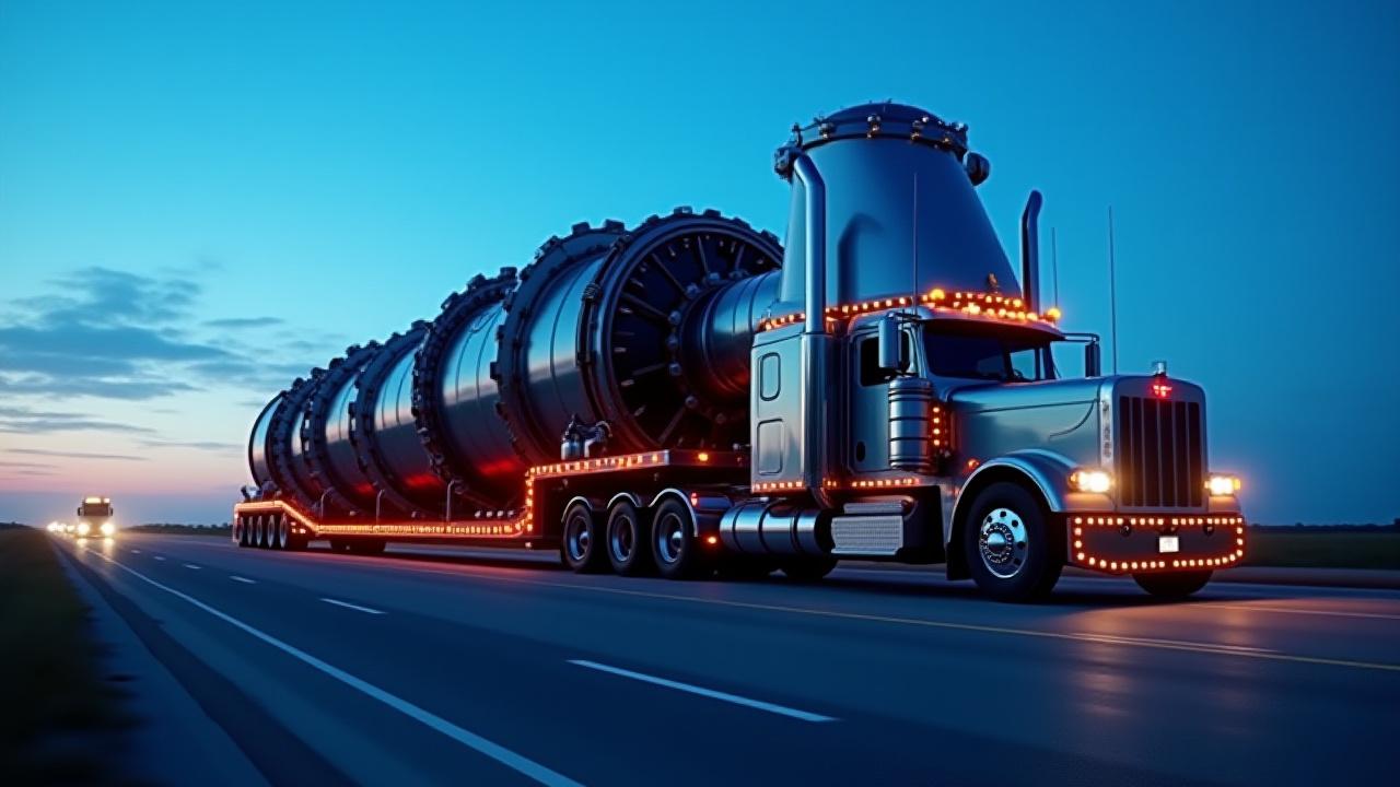 Massive industrial turbine being transported on a multi-axle trailer