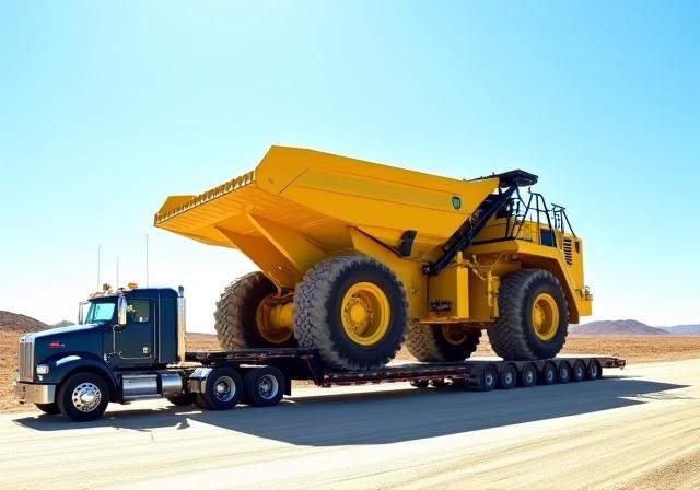 Yellow construction excavator on specialized trailer