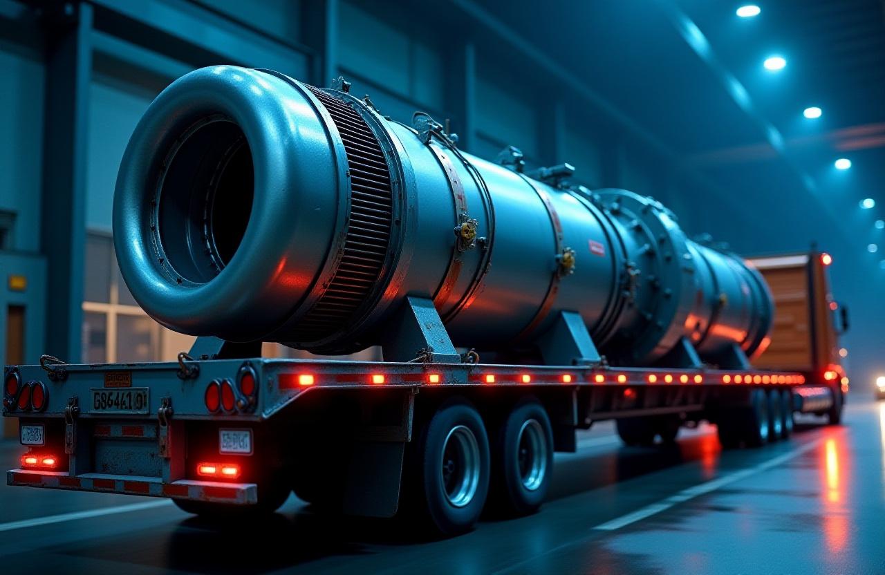 Specialized heavy haul truck transporting a massive industrial generator