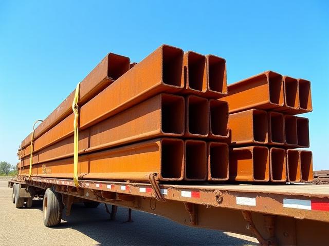 Flatbed trailer hauling structural steel